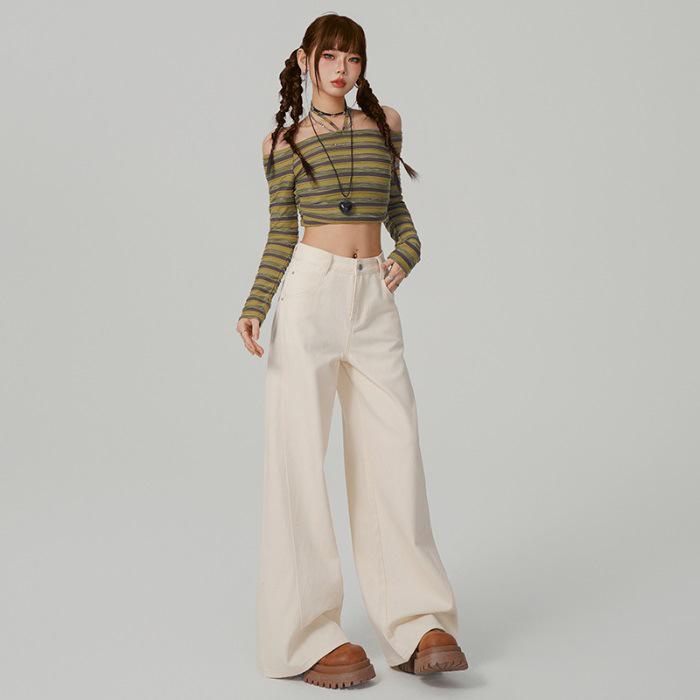 Versatile Retro High-Waisted Patchwork Wide-Leg Jeans for Women - Three Color Options, Loose Casual Straight Floor-Length Design.