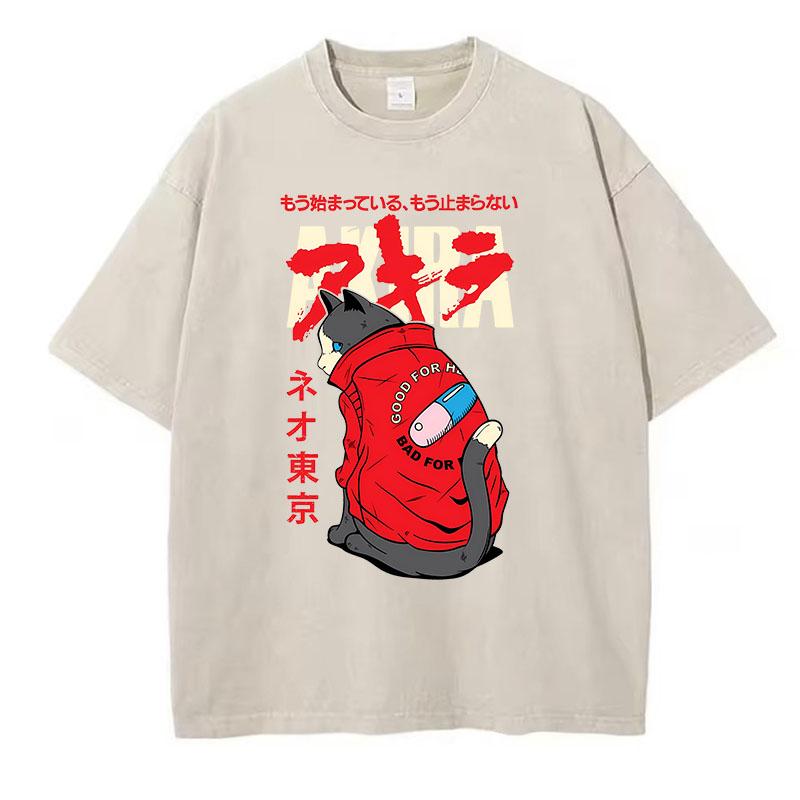 T Shirt Vintage Washed Cotton T-Shirt Japanese Anime Akira Tokyo Cat Graphic Tee Casual Streetwear Spring Summer