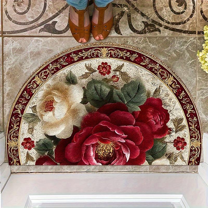 Luxury Burgundy Golden Floral Semi-Circular Carpet Soft Non-Slip Decorative Mat 2D Print Aesthetic Rug for Bedroom Porch Entrance