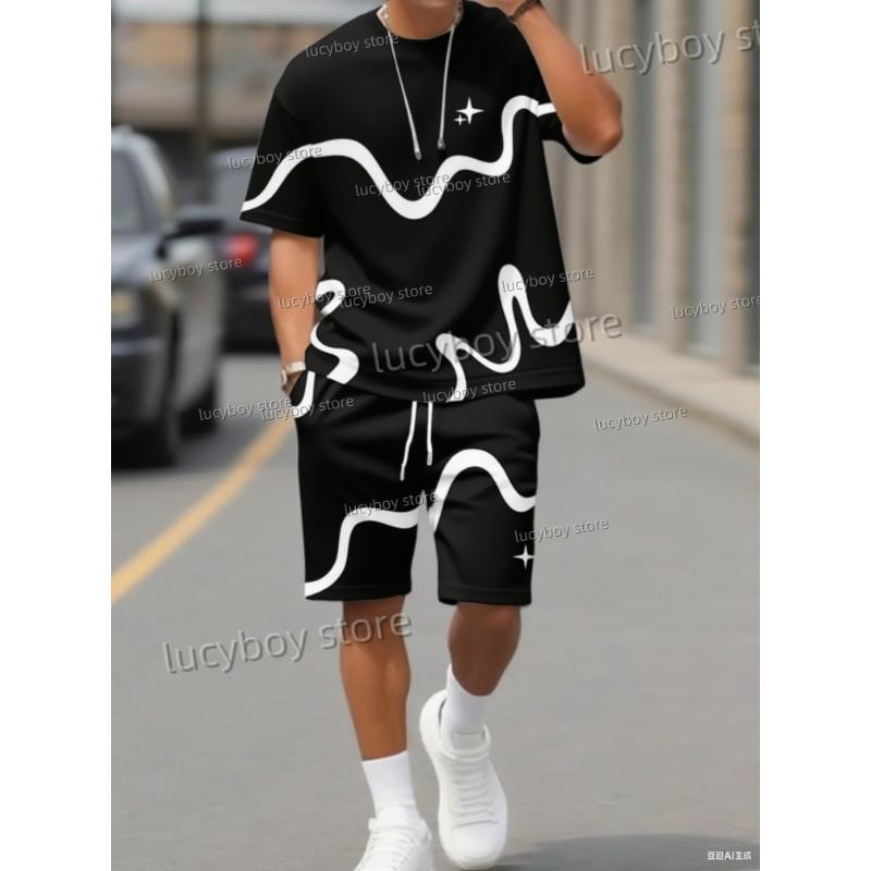 Летний мужской 3D цифровой принт волна Комплект Футболка с коротким рукавом Шорты Комплект Взрослый Спортивный Бег Большой Размер Спортивный костюм Комплект из 2 предметов S