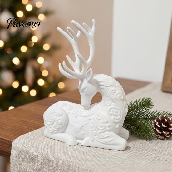 Elegant Animal Figurines 3D Printed Deer Figurine, White Sitting Stag Sculpture with Antlers, Art Minimalist Christmas Tabletop Decor for Home Living