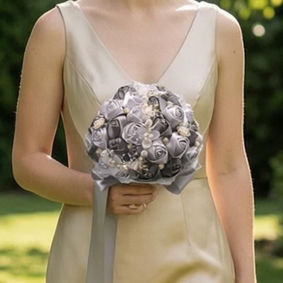 Lightweight Handheld Wedding Flowers Artificial Silk Rose Bridal Bouquet with Chiffon Ribbon, Toss for Ceremony, Vintage Style Floral Keepsake