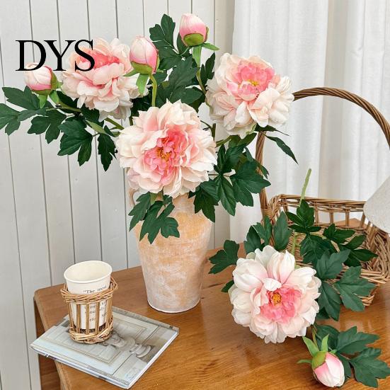 Elegant Home Floral Accents Artificial Peony Flower, Realistic 2 Heads Faux with 1 Bud, 29.9" Fake Silk Flower Arrangement Bouquet Stem for