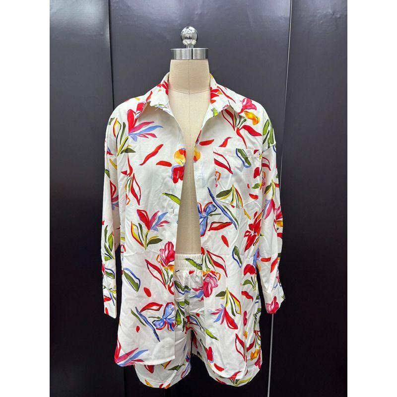 European and American Style Women's Spring and Autumn Casual Printed Long Sleeve Shirt and Shorts Two-Piece Set
