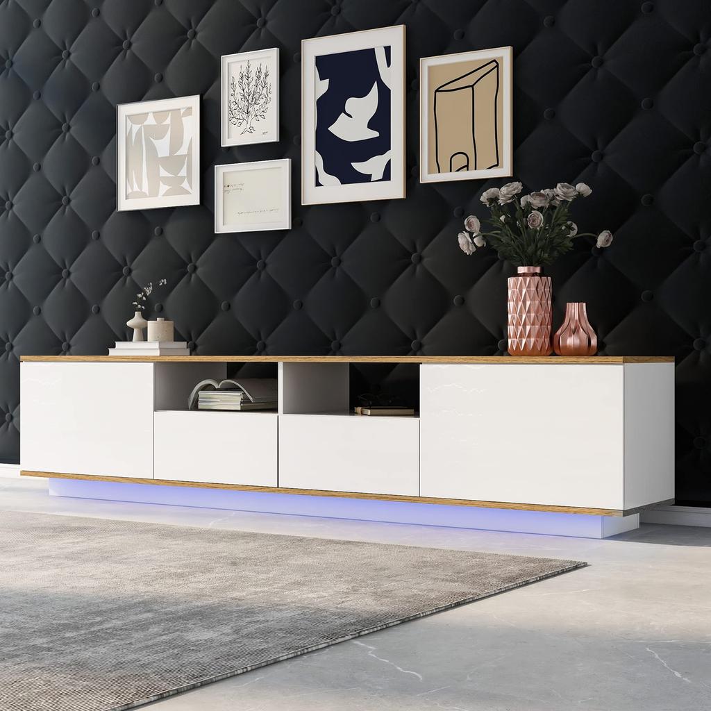 TV Lowboard 180cm Breite LED Beleuchtung, Moderner TV Schrank 2 Schließfach 4 offenes Regal, Wohnzimmer Esszimmer, Weiß & Eiche, 180 x 40 x 50 cm