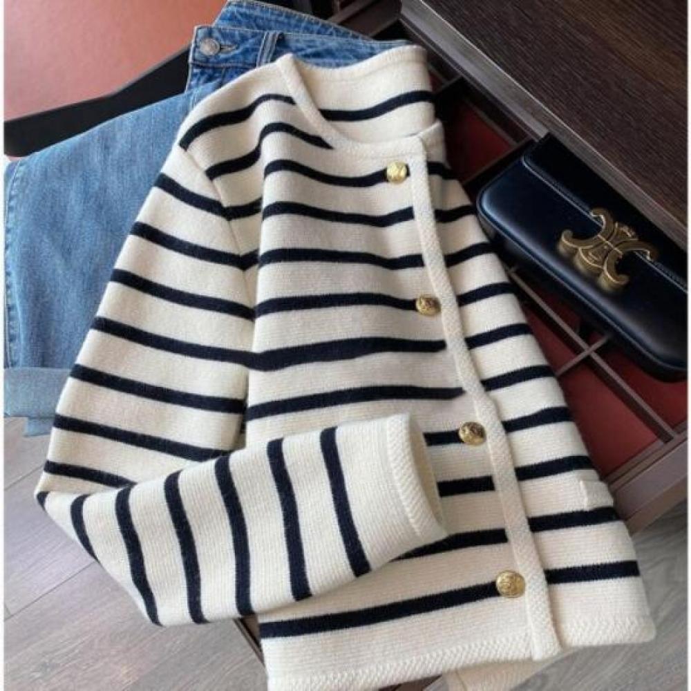 New Arrivals Open Run Women Striped Gold Button Loose Fit Cardigan