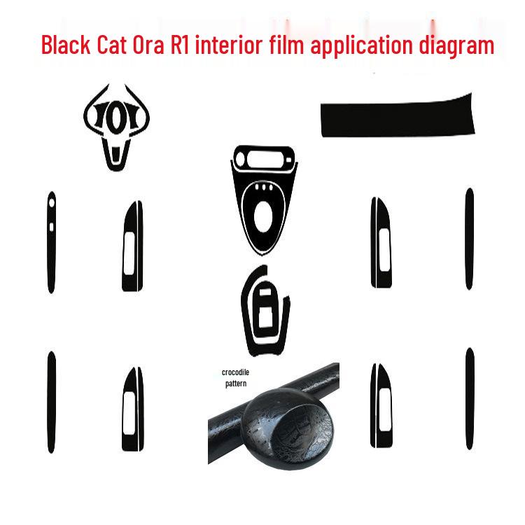 Carbon Fiber Interior Decor Stickers for Black Cat Ora R1: Central Control, Gear Position, and Door Panels