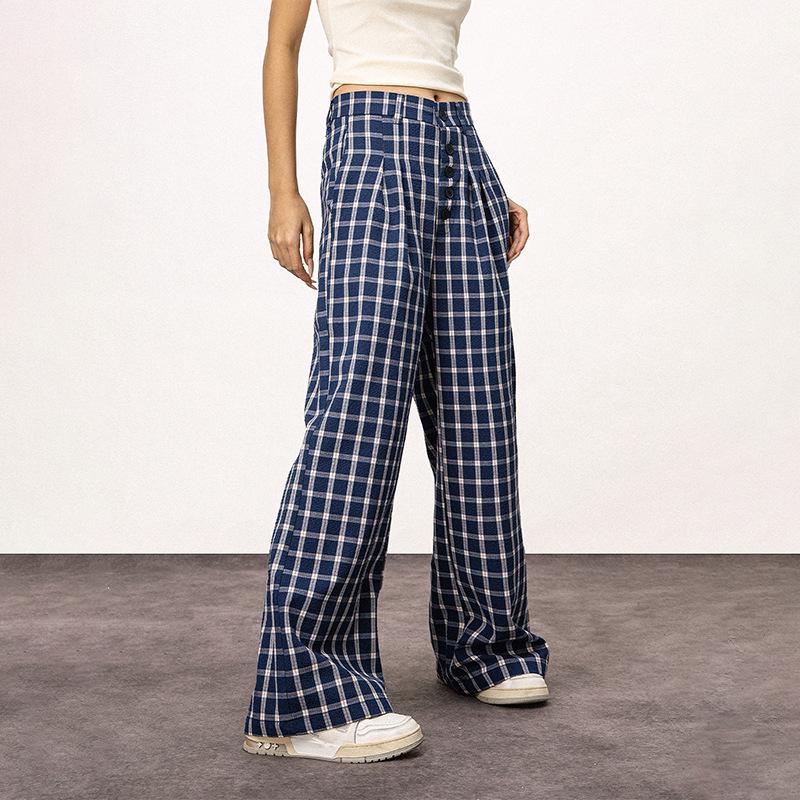 

Retro Plaid Wide-Leg Spicy Girl Pants with Floor-Length Casual Drape L (106-115 lbs)