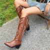 IPPEUM Cowboy Boots For Women Embroider Chunky Heel Red Leather Cowgirl Shoes Knee High Western Botas Cowboy Femininas