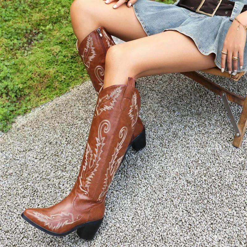 IPPEUM Cowboy Boots For Women Embroider Chunky Heel Red Leather Cowgirl Shoes Knee High Western Botas Cowboy Femininas