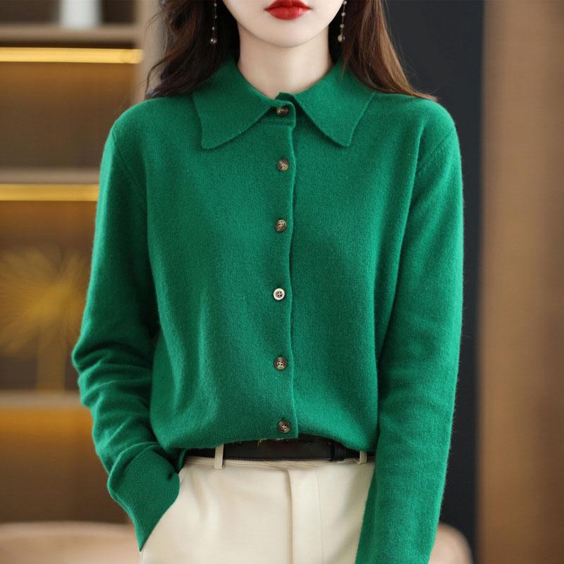 MILU Lente en herfst winter POLO hals wollen gebreide shirt met losse lange mouwen trui vest temperament revers jas onderkant XXXL donkergroene kleur