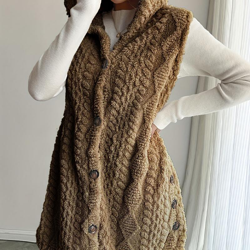 Női Kétoldalas Plüss Mellény Kapucnis Gombos Kardigán Ősz Tél Egyszínű