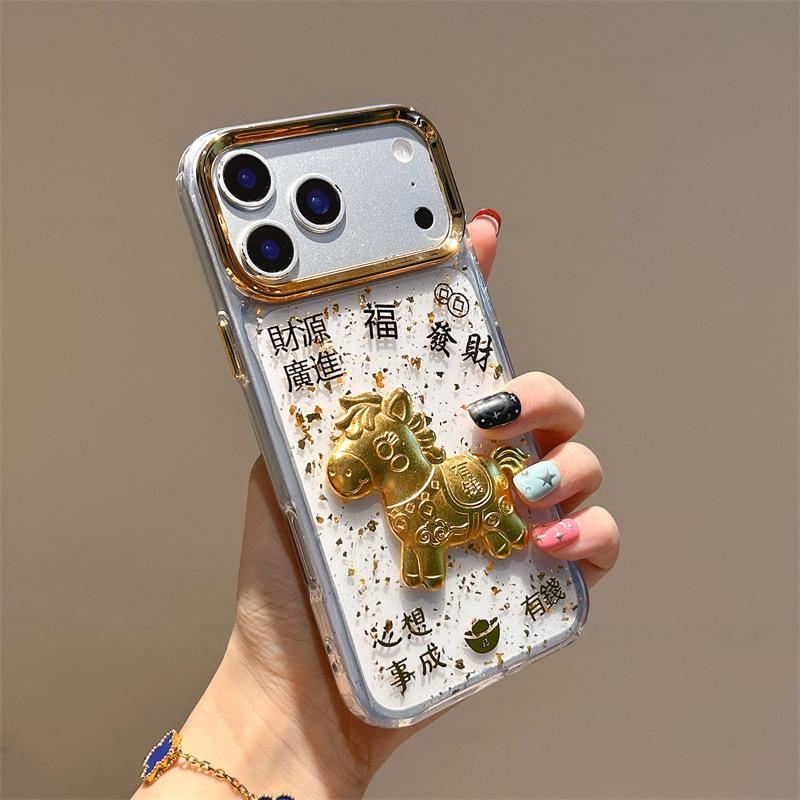Get Rich And Get Rich Soon, Mobile Phone Case Is Suitable For Apple 17Pro Transparent Gold Foil Mobile Phone Case Iphone16 Ingot 15.