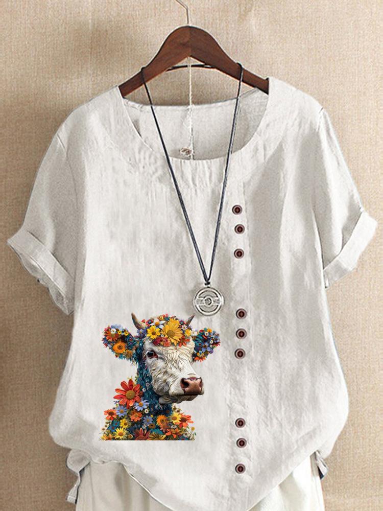 Women's Fashion Buffalo Print Round Neck Short Sleeve T-shirt Casual Cotton Linen Graphic Shirt Leisure Loose Summer Blouse Tops