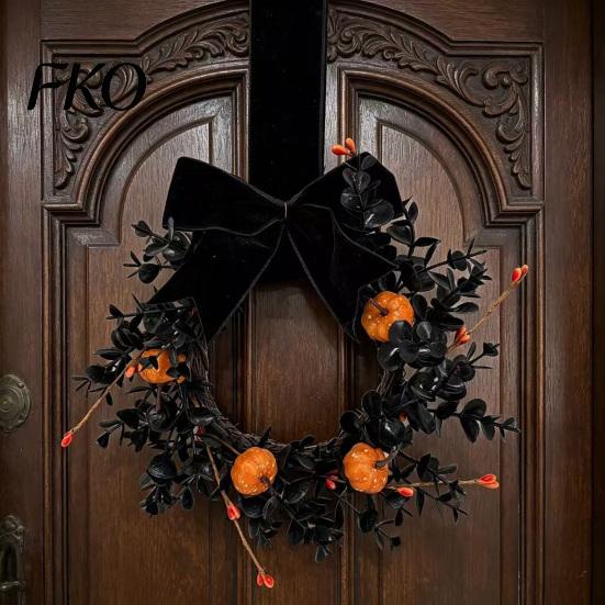 Velvet Bow Wreath Halloween for Front Door, 9 Inch Pumpkin with Black Party Backdrop Home Porch Holiday Window Wall Decor