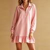Women Autumn Winter Solid Color Half Zip Polo Collar Dress Soft Ruffle Hem Long‑Sleeve Loose Fashion Casual Inner Wear Mini Dress
