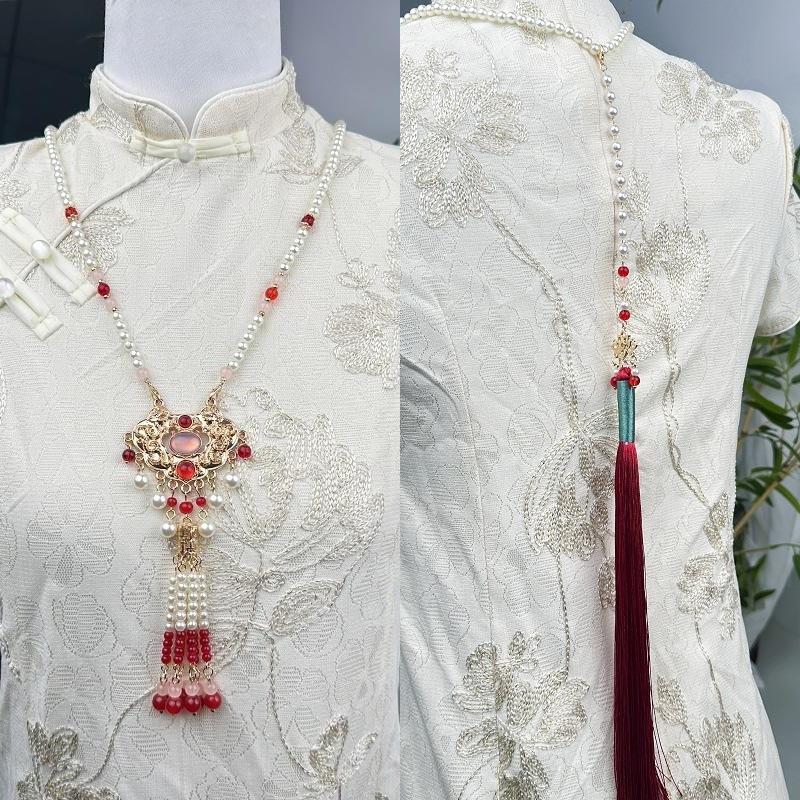 {Summer2} Hanfu Tassels Necklace Long Chain Vintage Chinese Necklace Tang Ming Dynasty Hanfu Pendant Necklace For Women Girl