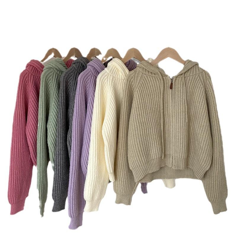 Women's Sweet Candy Color Hooded Knit Cardigan - Soft, Glutinous, Short, Loose, Thickened with Zipper