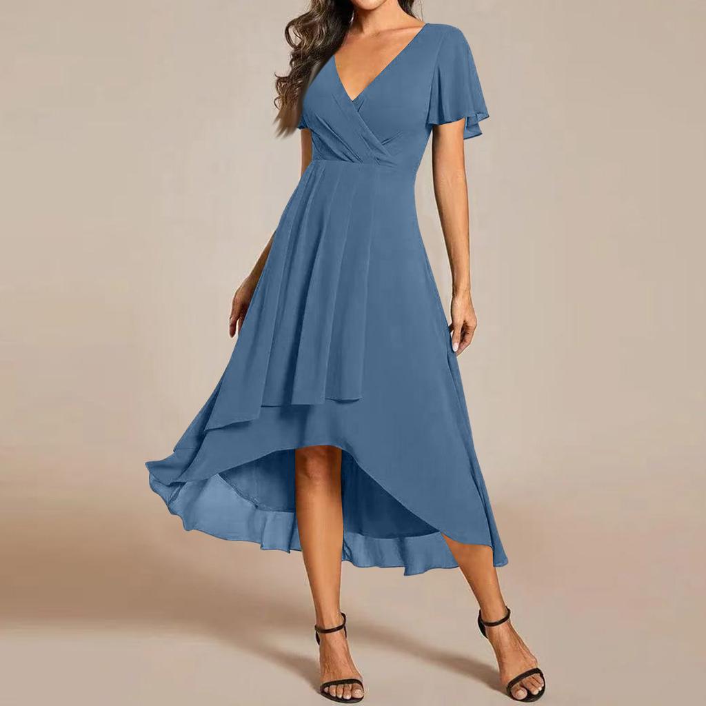 Women's Summer Dress Slim Fit Dress Color Chiffon V Neck Short Sleeved Dress