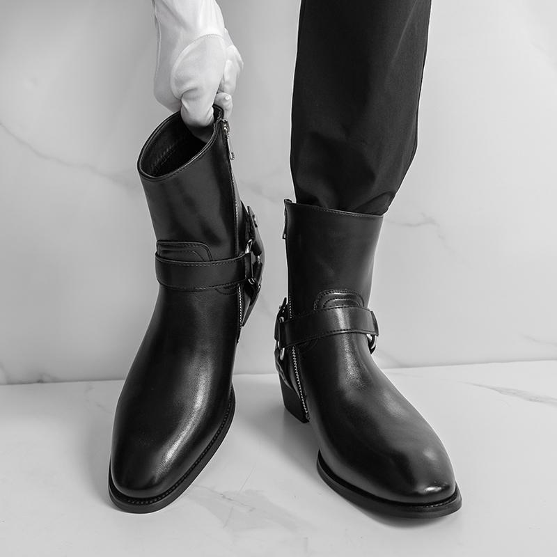 Móda Podzimní Módní Značka Pánské Prodyšné Outdoorové Kovbojské Boty Klasické Černé Pánské Pohodlné Boční Zip Špičaté Vysoké Kožené Boty