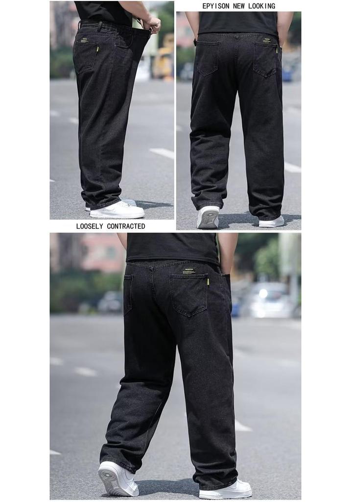 Plus Size Men's Loose Straight Casual Jeans - Deep Crotch, Wear-Resistant, Black Cotton
