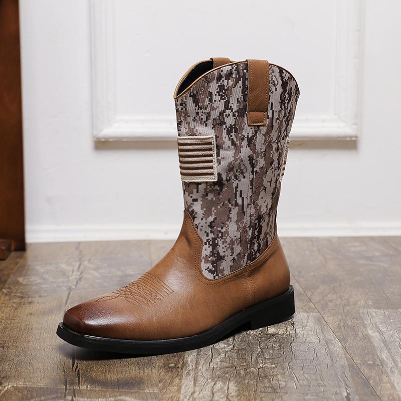 

Fashion Golden Sapling Western Cowboy Mid-calf Boots for Men Fashion Retro PU Leather Military Shoes Outdoor Camouflag Combat Boot Man 38 коричневый