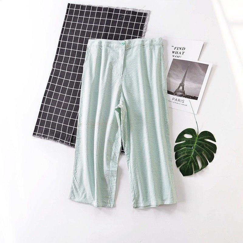 

Woven Cotton Pocket High Waist Casual Vertical Stripes Chubby Girl Middle Pants Green vertical stripe M