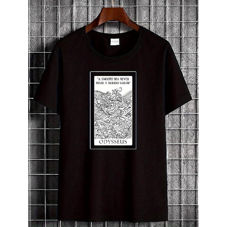 Odyssey Greek Epic T-Shirt for Men And Women - Black with White Greek Lettering And Poseidon S Wave Design from Book 5 of The Odyssey - Soft And S чёрный