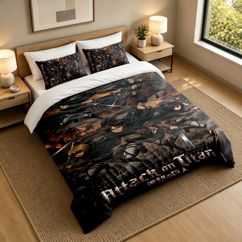 3-Piece Bed Sheet Set with Attack on Titan Design, 1 Flat Sheet and 2 Pillowcases for Bedroom