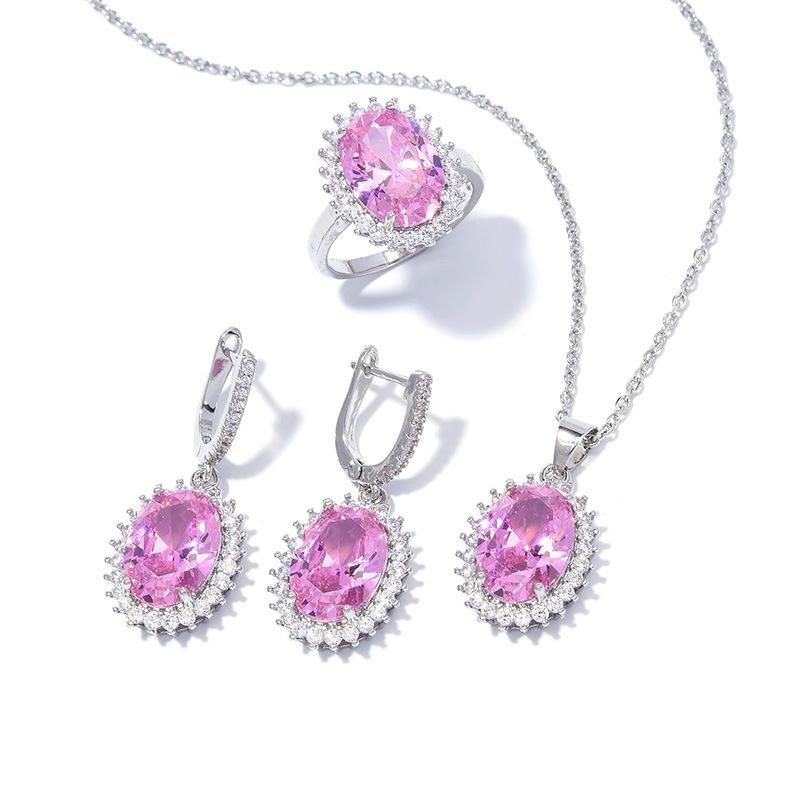 Explosive Oval Zircon Set Super Flash Ring Earrings Necklace Jewelry Set