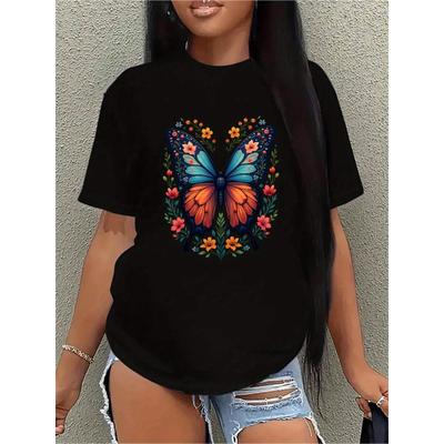 European Size Woman'S Elegant White Short Sleeve T-Shirt | Vibrant Butterfly and Floral Print, Round Neck, Casual Top, All-Season Comfort Fit