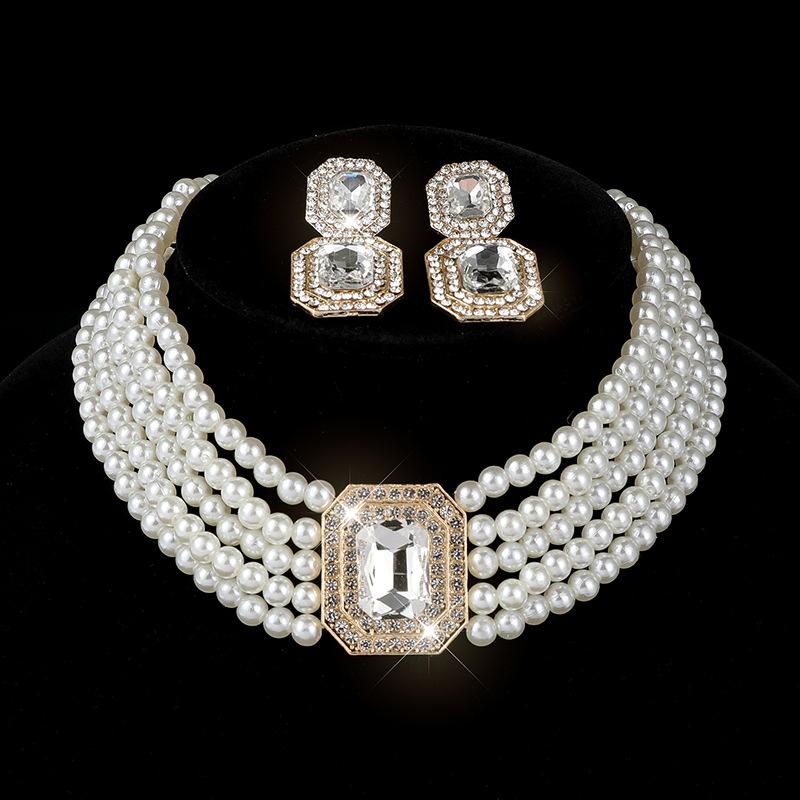 Multi-layer imitation pearl geometric rectangular crystal necklace earrings bridal choker diamond necklace collar women