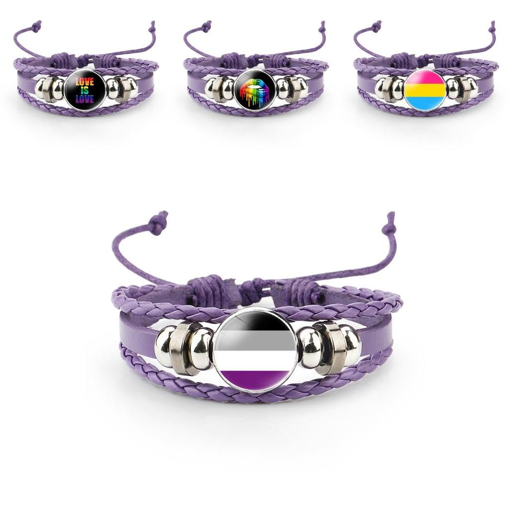 Unique Purple Leather Bracelet With Rainbow Flag Time Gemstone For Men And Women