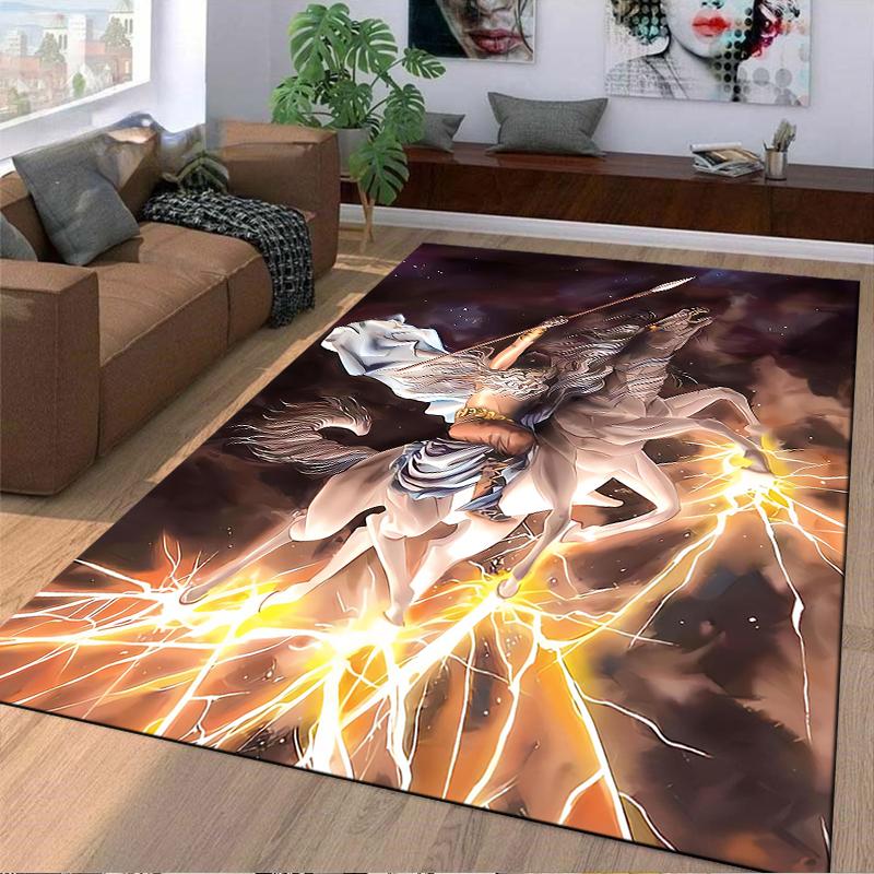 Dynamic Warrior on Horseback with Lightning and Dark Sky Theme Carpet Suitable for use as an anti-slip for living room bedroom sofas