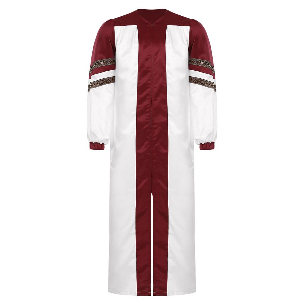 Mens Choir Robe Halloween Cosplay Theme Party Costume V Neck Embroidered Stripes Long Sleeve Clergy Gown