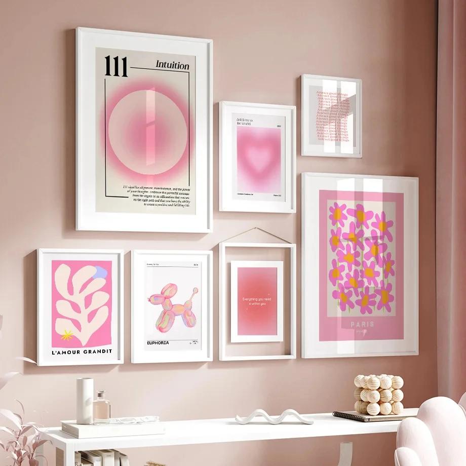 Pink Flower Letter Posters Canvas Painting Modern Love Heart Round Shape Pictures Prints Wall Art for Living Room Decor Unframed