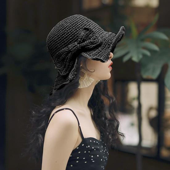 Straw Hat Bowknot Decor Wide Brim Foldable Summer Hat Sun Protection Lightweight Outdoor Travel Sun Hat Sunshade Accessory
