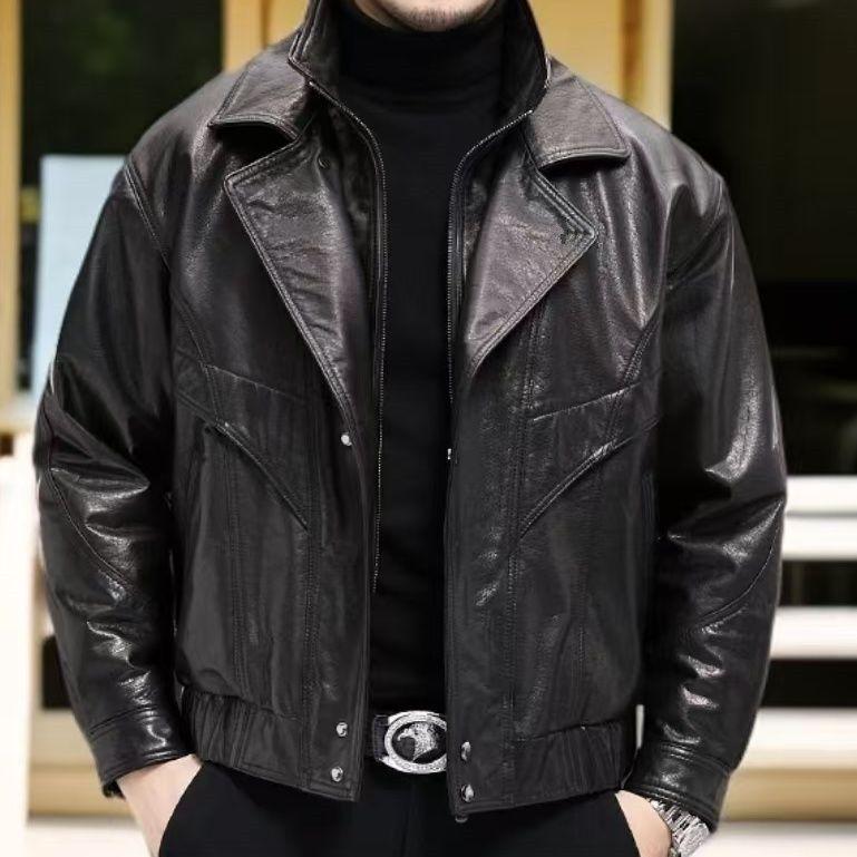Men's Slim Fit Plus Velvet Leather Jacket - Autumn/Winter Motorcycle Style with Stand Collar, Korean Trend Casual Wear.