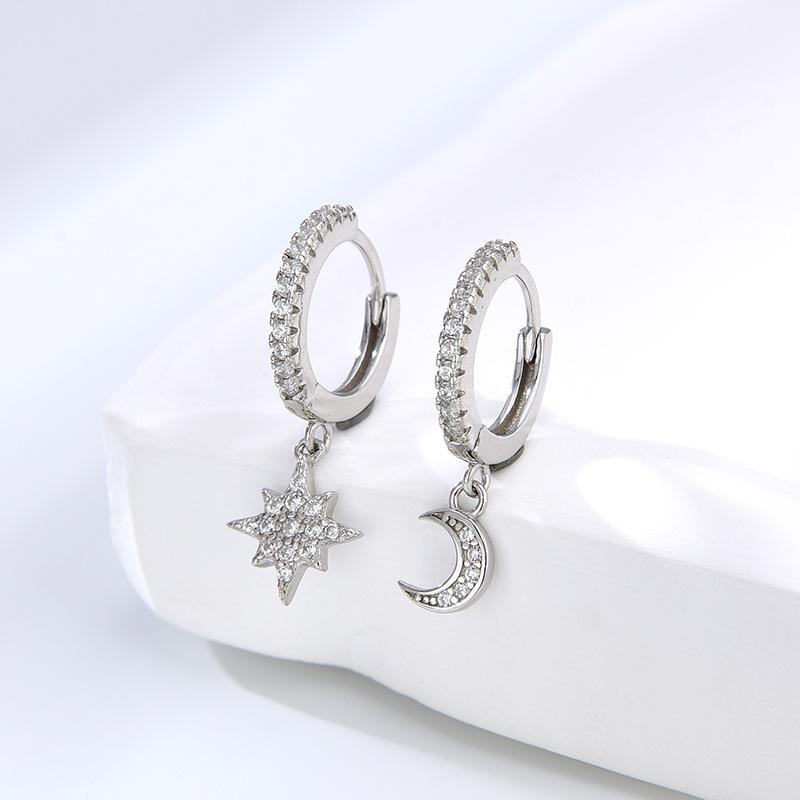 

Sterling Silver Zircon Moon & Star Asymmetrical Earrings and Ear Clips 925 Silver
