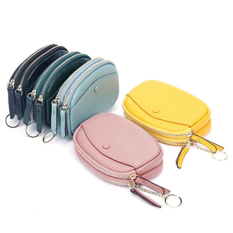 Women's Double Zipper Top Grain Cowhide Wallet: Fashionable Large Capacity Coin Purse with Hook.