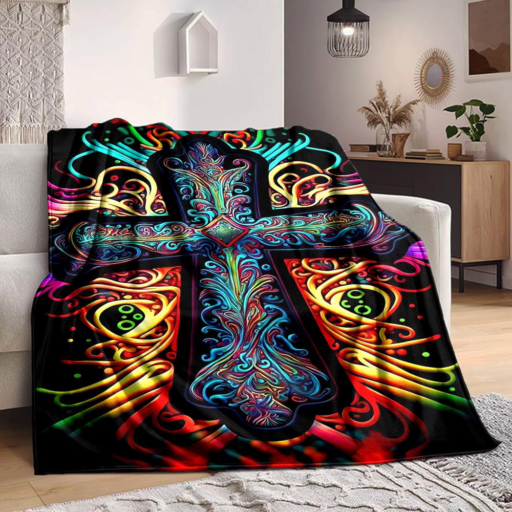 1pc Psychedelic Cross Blanket - Lightweight Flannel Fleece with Digital Printing, Soft Warm for Sofa, Travel, Camping, Office yy251018273