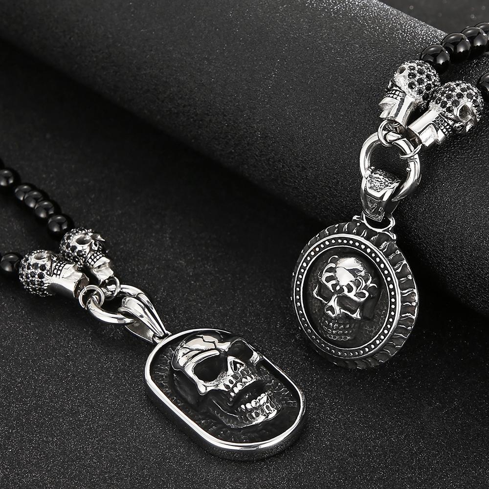 Collana con Pendente Teschio Faccia Testa Steampunk CZ da Uomo Larghezza 8MM Lunghezza 50CM Catena di Perline in Pietra Agata Gioielli in Acciaio Inossidabile