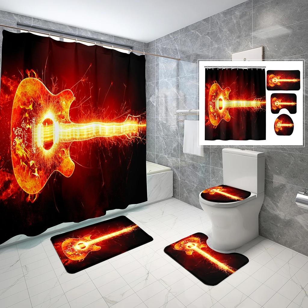 4Pcs Fire Burning Electric Guitar Shower Curtain Sets, Stone Wall Modern Bathroom Sets Waterproof,Non-Slip Bath Rugs Toilet Mat