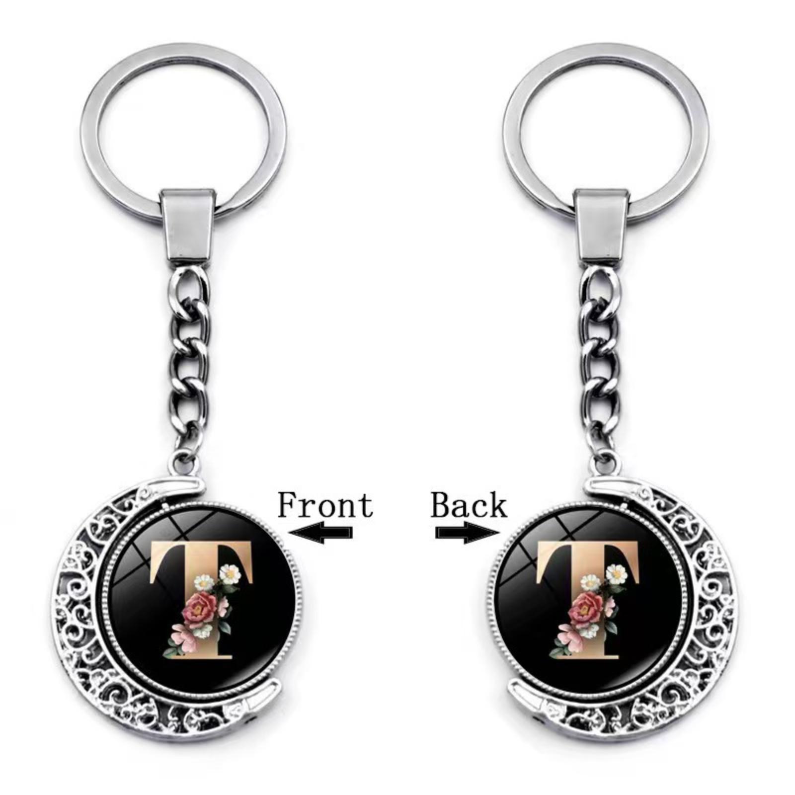 

Alphabet Letter Keychain Metal Initial Keyring with Floral Pattern Double Sided Pendant for Bags Backpacks Keys Gifts One Size