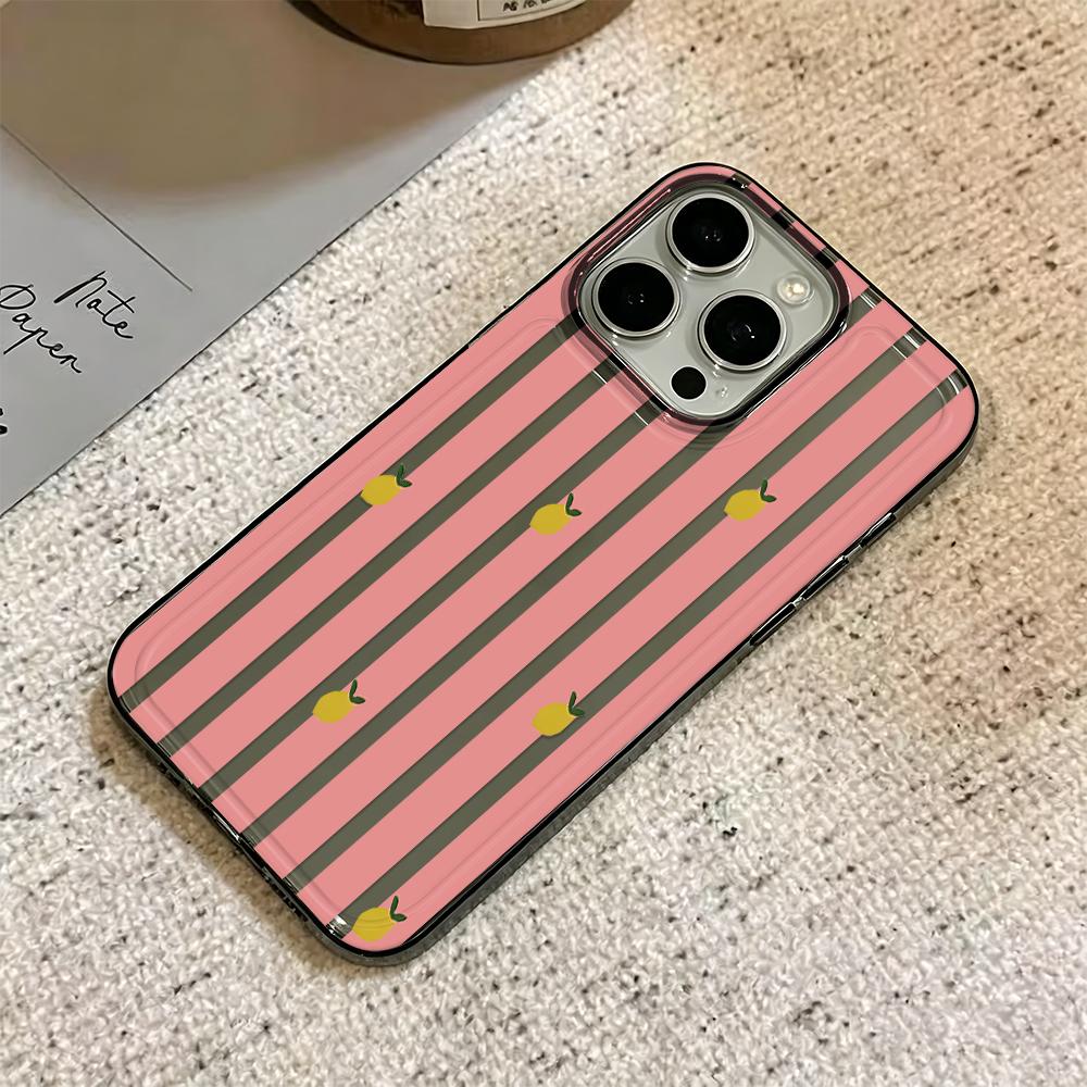 Phone Case For Iphone 12 15 Plus 14 17 Air 11 Pro Max 13 16 Pink Striped Lemon Pink Skin Friendly Raised Lens Anti Scratch Cover