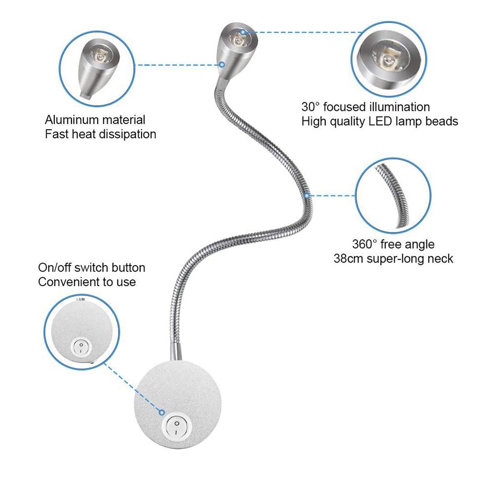 USB Flexible Wall Mount Night Lamp Hotel Bedside Wall Lamp LED Flexible Gooseneck Tube Switch Study Reading Sconces Light