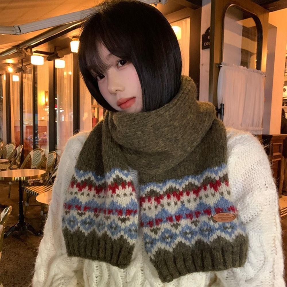 Wool Jacquard Knitted Scarf Plush Fair Isle Style Shawl Winter Cashmere Scarves Autumn Winter
