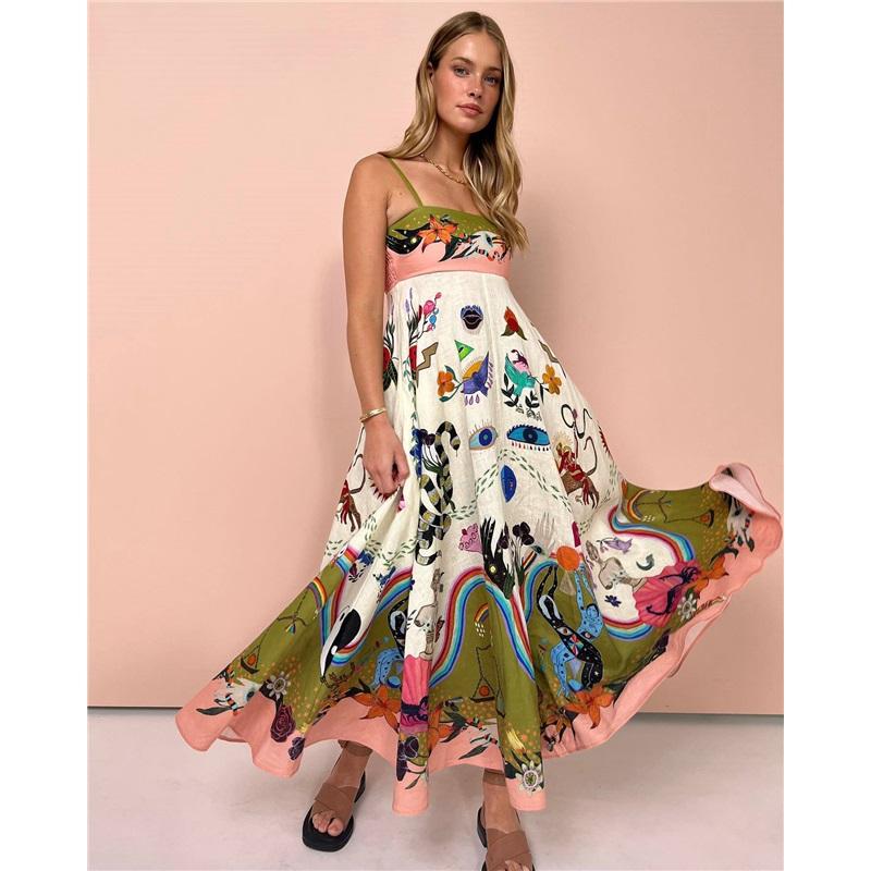 Women's Long Linen Printed Halter Dress 9 Colour Big Swing Dresses
