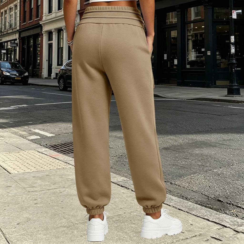 Women's Casual Color Pants with Elastic Waist Drawstring and Pockets for Everyday Wear