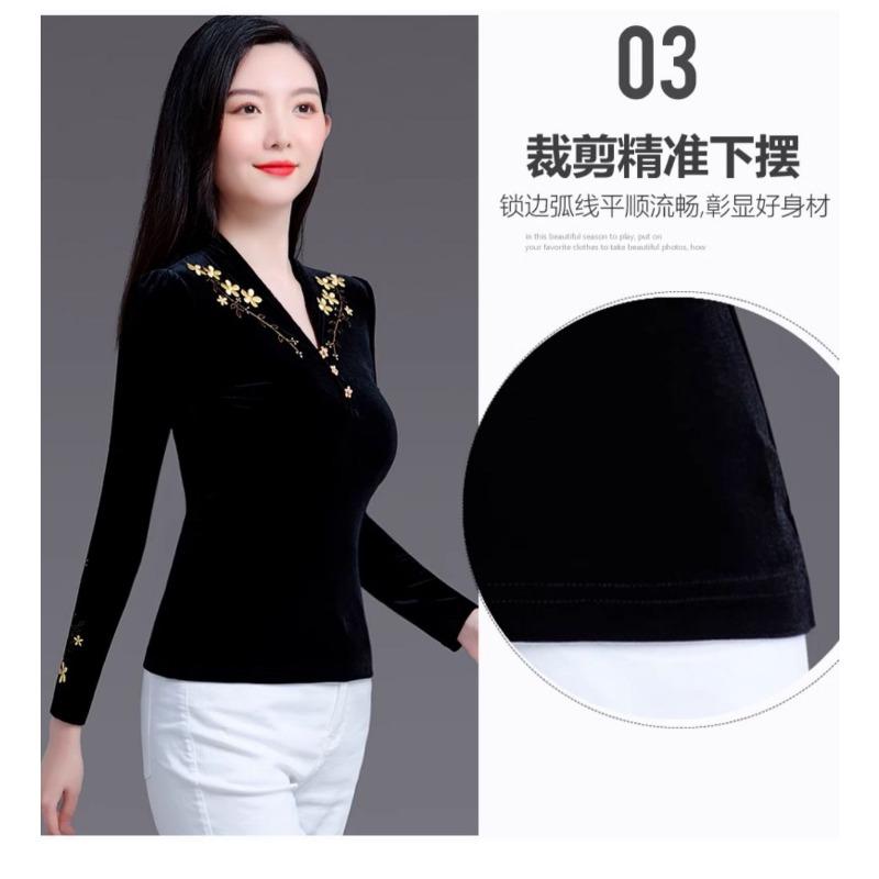 Sametové Zesílené Černo-Zlaté Spodní Tričko pro Ženy Nový Podzim a Zima Západní Styl Vnitřní Top